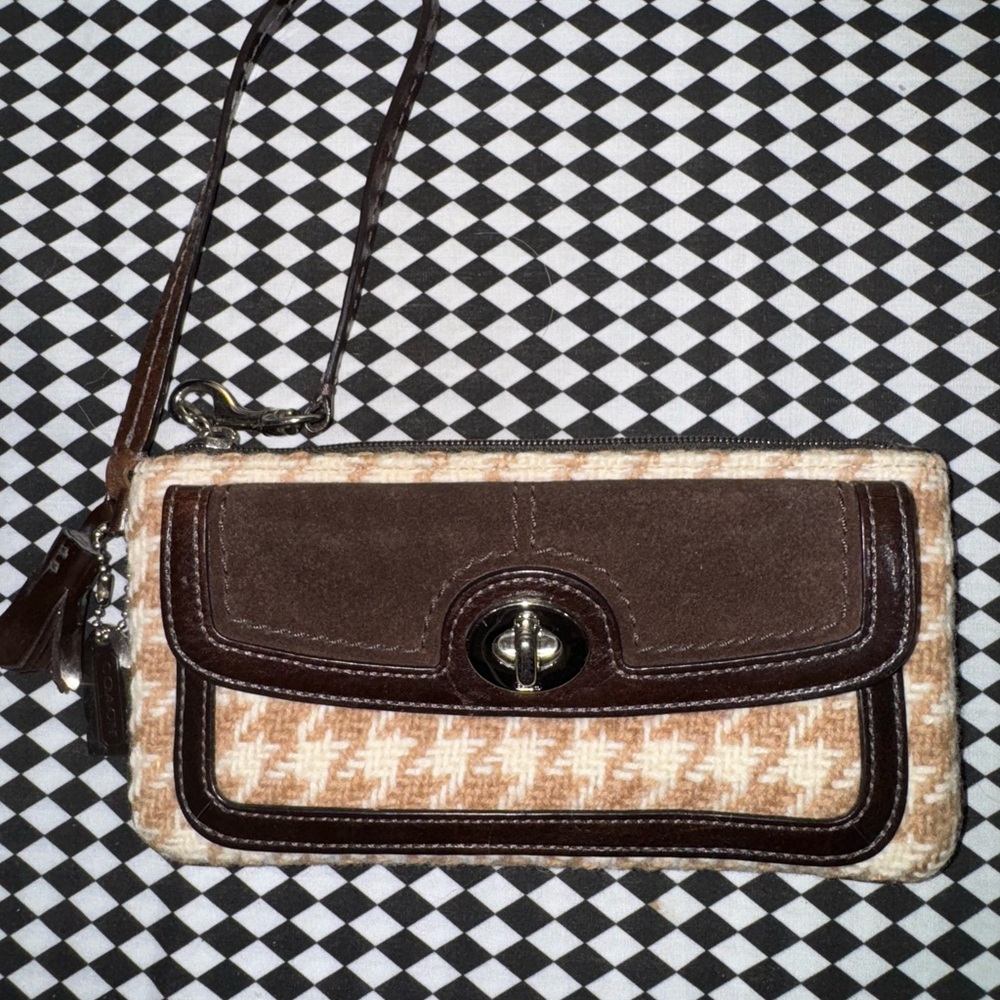 COACH Hamptons Suede & Wool Tweed Houndstooth Wristlet